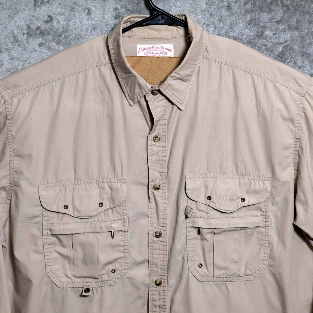 Vintage CC Filson Shirt Mens XL Beige Button-Up Utility Zip Pocket Fishing USA